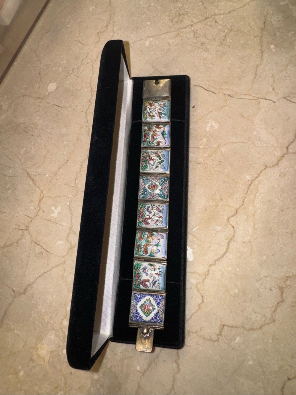 Vintage Persian Hand-Painted Silver & Enamel Panel Storytelling Bracelet